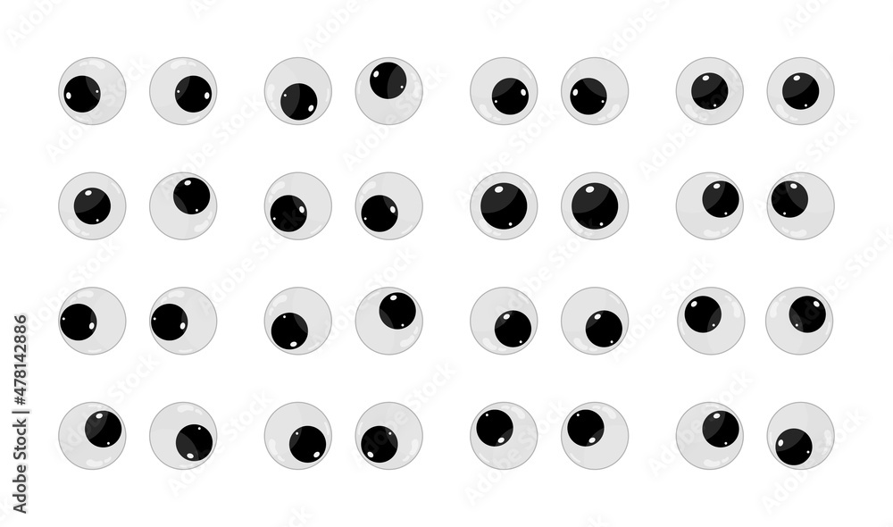 Googly eyes. Wobbly plastic eyes for toy. Puppet eyeballs. Cartoon glossy  round eyes isolated on white background. Look down, up, left, right, crazy,  silly, fun icons. Vector Stock Vector