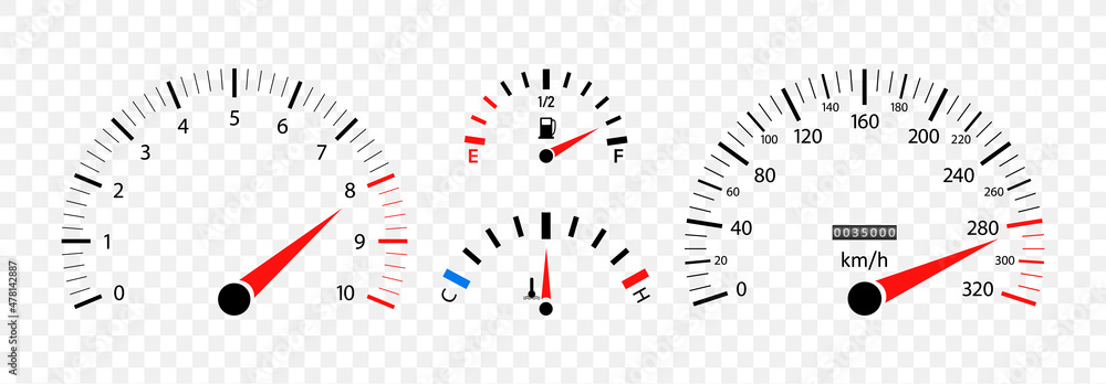 Car speedometer. Auto dashboard with gauge of speed, tachometer, odometer.  Icons isolated on transparent background. Panel of meter of fuel, engine  rpm and temperature. Sport car. Vector Stock-Vektorgrafik | Adobe Stock
