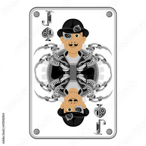 The Jack of spades playing card in steampunk style. Vector illustration.