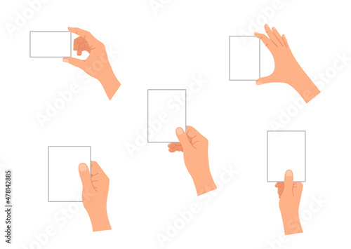 Hand hold business card. Hands with paper blank cards. Arms holding plastic credit card. Give and take. Icon for showing, presentation, meeting and identity. Cartoon vector illustration