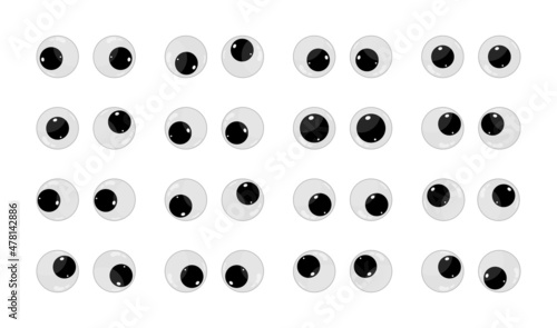 Googly eyes. Wobbly plastic eyes for toy. Puppet eyeballs. Cartoon glossy round eyes isolated on white background. Look down, up, left, right, crazy, silly, fun icons. Vector