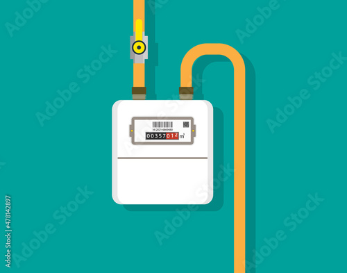 Gas meter. Gas measure counter with valve and pipe. Icon for control, economize and consumption at home. Smart panel for measurement energy in m3. Heating in house. Vector