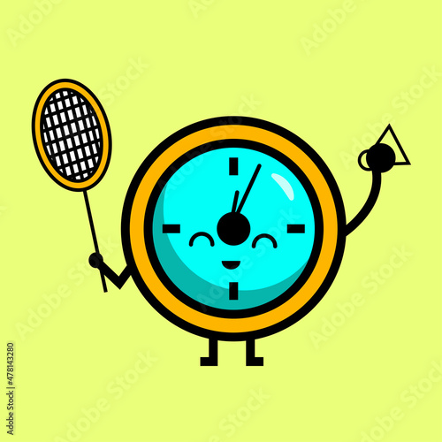 cartoon children vector illustration, cute little clock playing racket