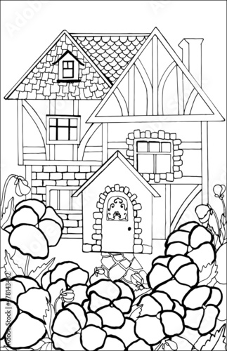 Wallpaper Mural Coloring book for adults and children with an old rustic half-timbered house and pansies Torontodigital.ca