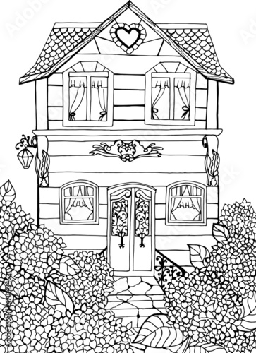 Wallpaper Mural Coloring book for adults and children with romantic edwardian style house and hydrangea flowers Torontodigital.ca