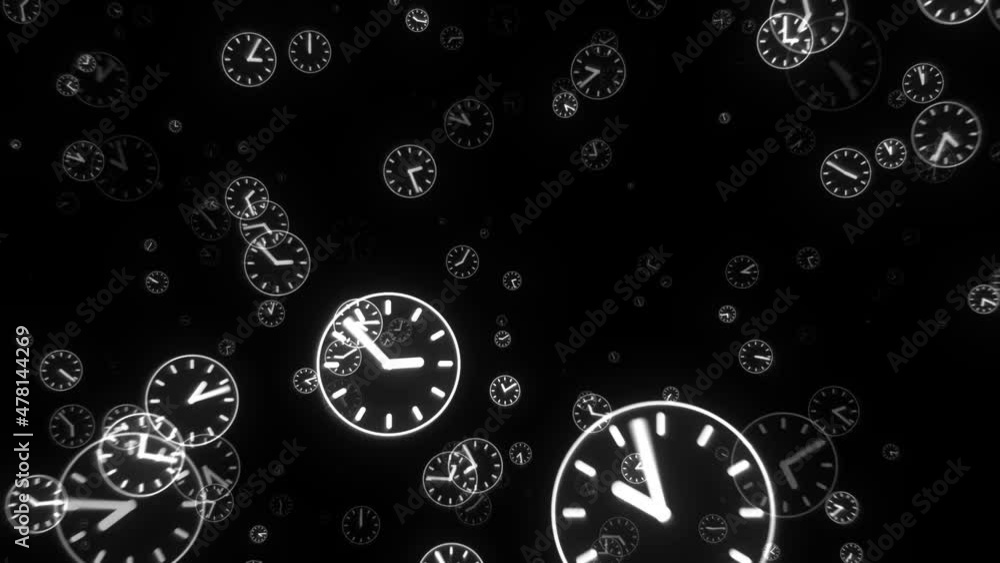 Camera flying into white Fast Ticking Clocks Time measurement Deadline