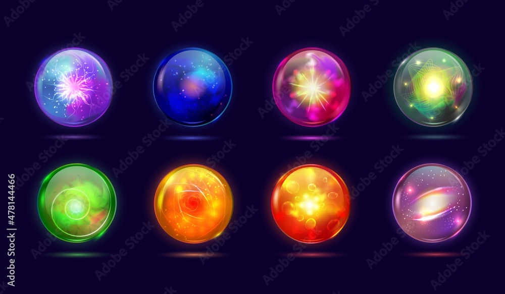 © ssstocker - Magic mysterious orbs. Fantasy glowing balls energy sphere, round glass crystal magician, effect lightning in globe occult witchcraft fortuneteller, transparent tidy vector © ssstocker - Magic mysterious orbs. Fantasy glowing balls energy sphere, round glass crystal magician, effect lightning in globe occult witchcraft fortuneteller, transparent tidy vector