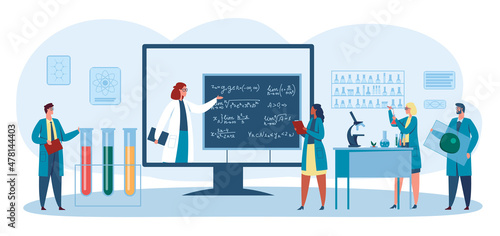 Online education scientists study biologist remotely concept. Illustration of education scientist online, research science technology vector