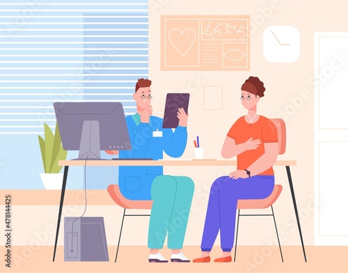 Patient at doctor appointment. Consultation at physician in medical office, clinic psychologist consulting room exam meeting hospital, treatment health splendid vector illustration