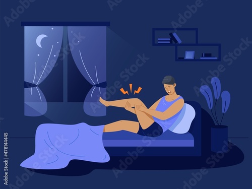 Night cramps. Man in bed woke up sudden sharp pain numb insensible legs, muscle cramp, ache injured joint, fatigue male foot, character suffering from spasms, garish vector