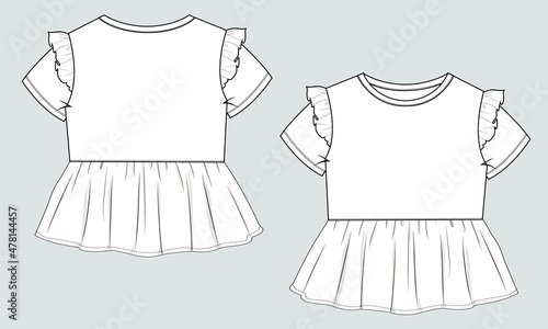 Baby girls dress design technical Flat sketch vector illustration template. Apparel clothing Mock up front and back views Isolated on Grey Background. Kids Fashion vector Art drawing easy editable.