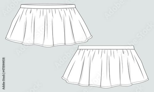 Female and Baby Girls skirt technical fashion  Flat sketch vector template Front and back view  isolated on a grey background. Clothing Design Mock up CAD Illustration.