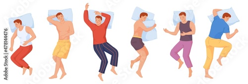Man sleep in bed. Male sleeping poses, vector illustration