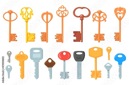 Cartoon door keys. Golden ancient brass old classic magic vintage key to treasure lock, medieval castle or house gate, home security collection, set isolated neat vector