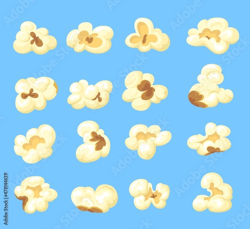 Cartoon kernels popcorn. Kernel salty pop corn, caramel sweetcorn in bucket for movie, cinema snack food, set isolated single icons background, neat vector illustration