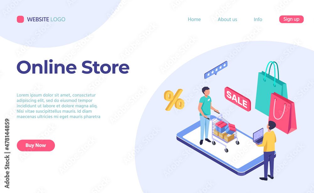 Online shopping isometric landing page, shop or store. Illustration of online store, website on phone app concept vector