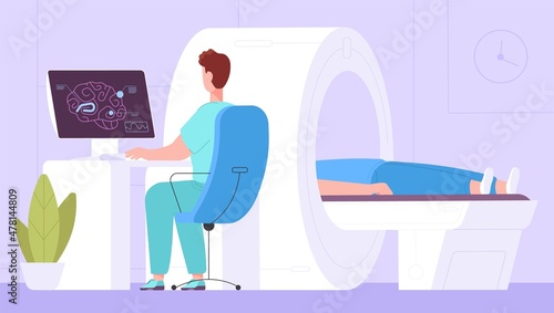 Mri brain scan. Ct xray mrt tomography diagnostic scanner machine, doctor medical examination patient on magnetic radiology resonance ray technology, splendid vector illustration