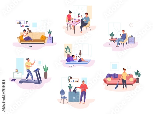 People using devices at home. Woman with cell phone or laptop indoor room in couch, couple having breakfast scrolling news on smartphones digital addiction garish vector