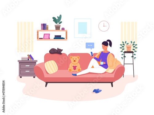Woman surfing internet on sofa. Girl relaxing home use mobile phone, lady using smartphone rest couch and drink tea or coffee happy female browsing web chat garish vector