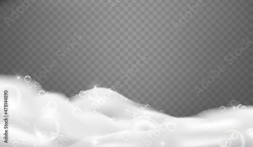 Realistic bathtub foam. 3d lather for soapy bathed bath or basin, beauty cream mousse fresh shower, shampoo bubbles, liquid hygiene soap laundry detergent, tidy vector illustration