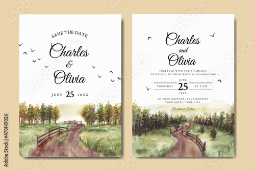 Wedding invitation of morning nature landscape with road and fence watercolor