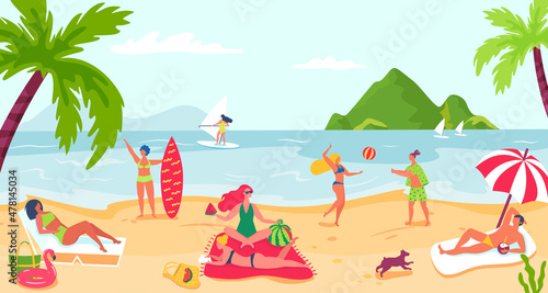 People relaxing at beach, summer sea holiday. Vector sea beach holiday, vacation and relaxation illustration