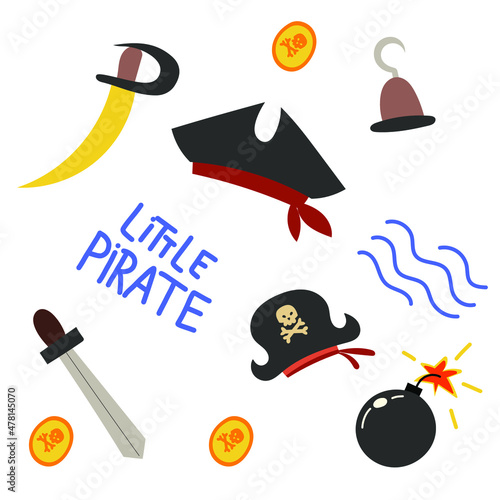 Image of pirate paraphernalia :saber and hook, gold coins,pirates hat. Vector illustration