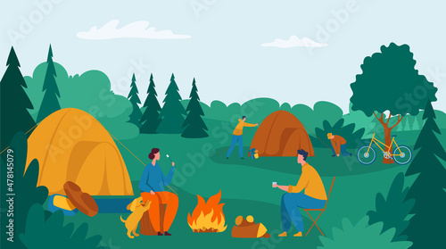 People camping, group of tourists with tent and bonfire. Vector of tourist travel group outdoor with campfire and campsite illustration