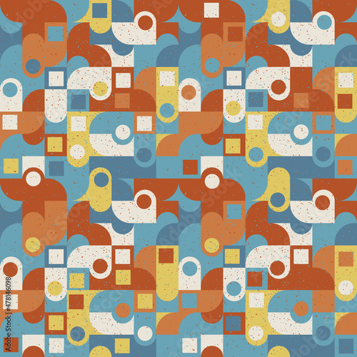 Mosaic construction in different colors. Decor geometry from various applique elements. Vector decor pattern with grain.