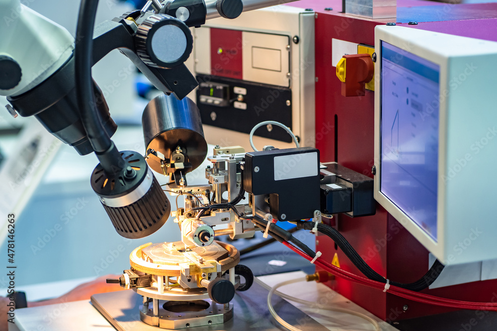 Electron microscope. Microelectronics concept. Checking microprocessors
