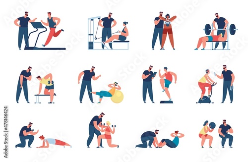 Characters training with personal trainer, athlete with coach. Athletic men and women doing workout with gym fitness instructor vector set. Doing active exercises with weight and dumbbells