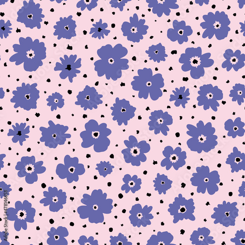 Very peri ditsy daisy seamless repeat pattern. Random placed, vector flowers all over surface print.