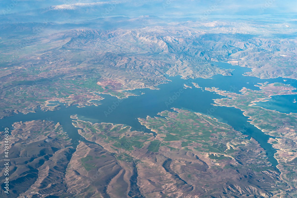 Anatolia Rivers Aerial photo of the Euphrates and the Keban Dam in the east of Turkey ...