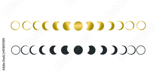Golden and black Moon phases astronomy icon set Vector Illustration .