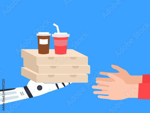 robotic delivery  pizza boxes and beverages human hands vector illustration