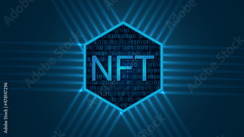 non-fungible token hologram, NFT vector 3d illustration dark blue with free spaces background. Blockchain technology, Concept of cryptocurrency design and technology light glow vector illustration.