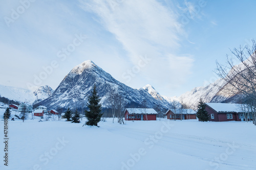  Nordic village among the snow in fjord
