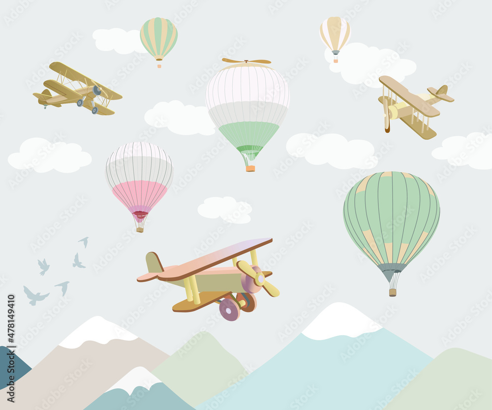 Fototapeta Air balloon wallpaper for nursery. Baby room design, wall decor