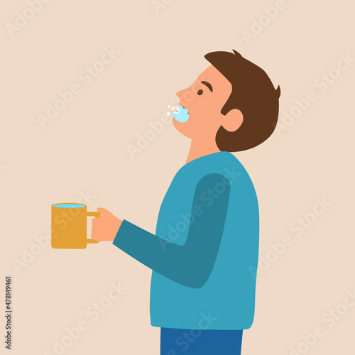 Boy child using mouthwash for fresh breaths and plaque prevention in flat design. Good dental health care.