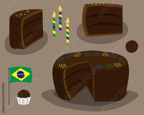 Brigadeiro cake brazilian chocolate cake. Typical brazil dessert with candles and flag. Bolo chocolate.