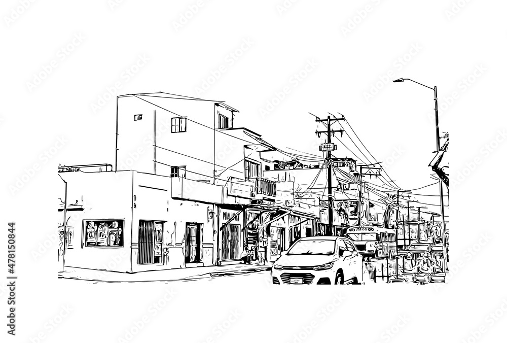 Building view with landmark of Cabo San Lucas is the 
city in Mexico. Hand drawn sketch illustration in vector.