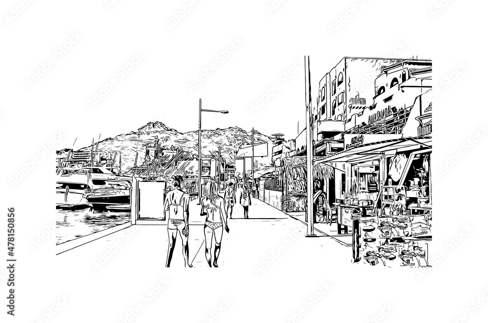 Building view with landmark of Cabo San Lucas is the 
city in Mexico. Hand drawn sketch illustration in vector.
