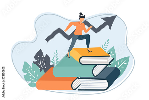 Vector cartoon illustration of Successfull woman going from one education level to another. Girl steps up stairs of books on white background.
