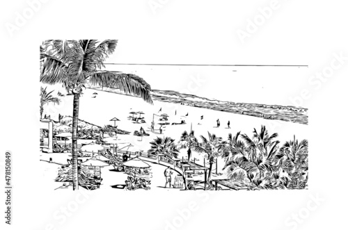 Building view with landmark of Cabo San Lucas is the 
city in Mexico. Hand drawn sketch illustration in vector.