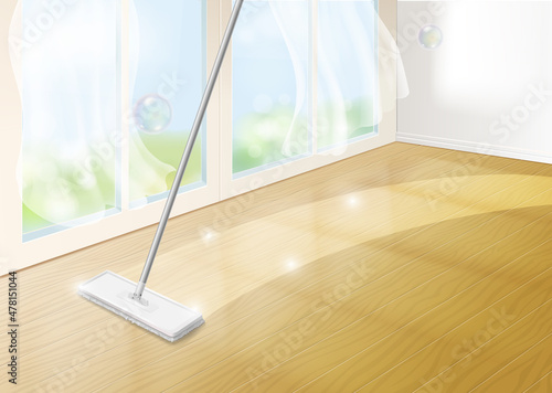 Mop cleaning wooden floor. Home interior background witn window and realistic mop. effective disinfection concept 3d vector
