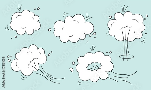 Comics icons set. Explosion, impact effect. Jump with dust or smoke. Doodle speech bubble.
Vector isolated illustration in cartoon style.