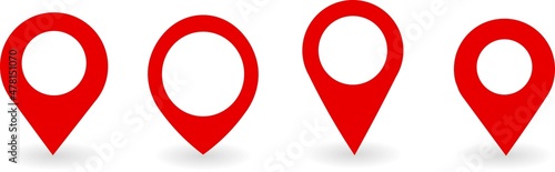 Red location icon, point on the navigator map. Set of flat, signs of different shapes. 3D graphics. Vector illustration.