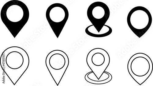 Collection of black location icon, point on the navigator map. A set of flat signs of different shapes. 3D graphics. Vector illustration.