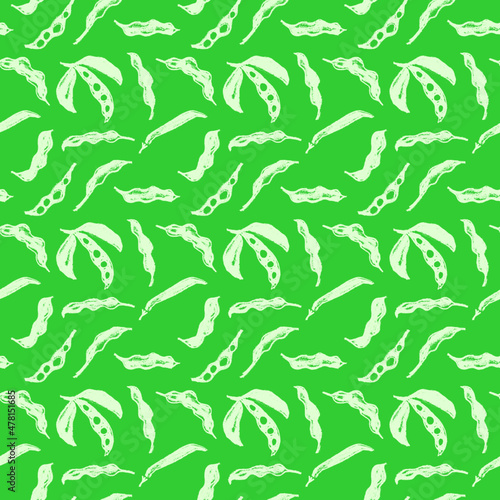 Vector Soybean pattern seamless. Hand-drawn soybean illustrations for Soy sauce label design. Whole pea pod drawings. Beans background. Vegan backdrop, vegetarian decoration. Organic food wallpaper.