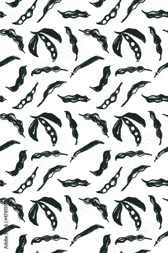 Vector Soybean pattern seamless. Hand-drawn soybean illustrations for Soy sauce label design. Whole pea pod drawings. Beans background. Vegan backdrop, vegetarian decoration. Organic food wallpaper.